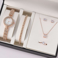Set cadou dama, ceas-bratara-colier-inel-cercei, roze, PMSCD101-V1