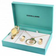 Set cadou, ceas dama, Excellanc, Auriu, colier cu pandativ, 1 pereche cercei,Excellanc