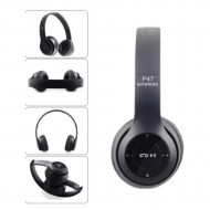 Casti wireless P47, Stereo Headphones, Fm Radio, MP3 Player, Microfon incorporat, Port Micro SD, Negru