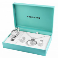 Set cadou, ceas dama, Excellanc, Argintiu, colier cu pandativ, 1 pereche cercei,Excellanc