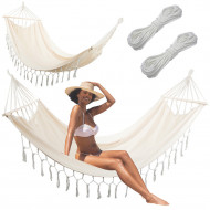 Hamac single, cu franjuri, cadru din lemn, pentru gradina sau curte, crem, PM019043