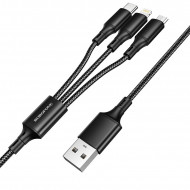 Cablu Borofone Fresco 3 in 1 - USB to Type C, Micro USB, Lightning - 2,4A,1 metru, negru