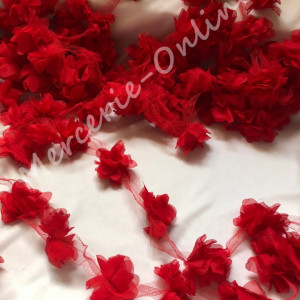 Banda pasmanterie flori 3D voal, Rosu, cca 5cm (la metru) Cod:0719
