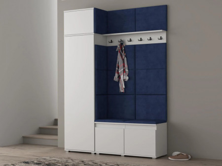 MBCUIA2 - Set Cuier hol, 154x37x214 cm - 6 agatatori haine, hol, pantofar - Alb cu tapiterie Gri / Verde / Albastra
