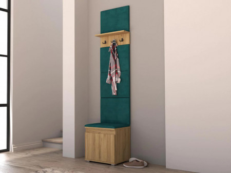 MBCUIAR11 - Set Cuier hol, 50x37x214 cm - 3 agatatori haine, hol, pantofar - culoarea Stejar cu tapiterie Gri / Verde / Albastra