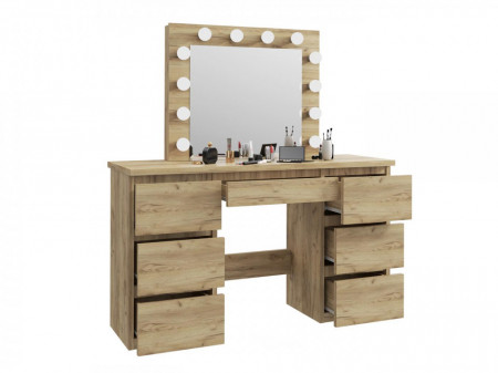 MBMTAR1 - Set Masa toaleta, 120 cm, cosmetica machiaj, masuta vanity, oglinda cu LED-uri - Culoarea Stejar