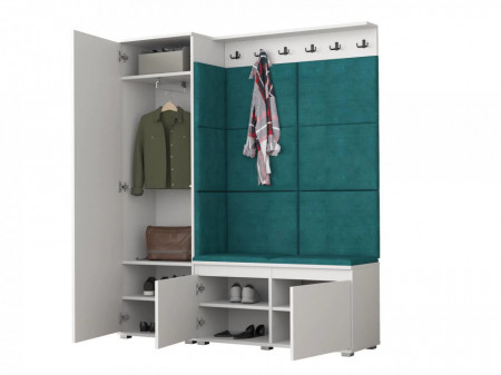 MBCUIA22 - Set Cuier hol, 154x37x177 cm - 6 agatatori haine, hol, pantofar - Alb cu tapiterie Verde / Gri / Albastra