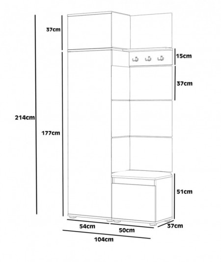 MBCUIAR10 - Set Cuier hol, 104x37x214 cm - 3 agatatori haine, hol, pantofar - Culoarea Stejar-Albastru