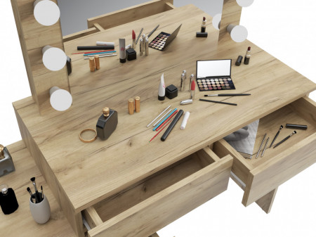 MBMTAR12 - Set Masa toaleta, 112 cm, cosmetica machiaj, masuta vanity, oglinda cu LED-uri - Culoare Stejar