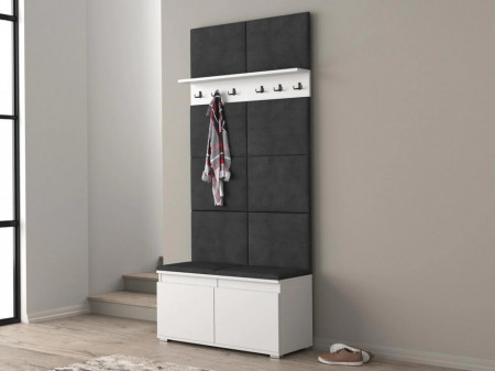 MBCUIA19 - Set Cuier hol, 100x37x214 cm - 3 agatatori haine, hol, pantofar - Alb cu tapiterie Albastra / Gri / Verde