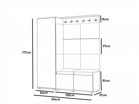 MBCUIA22 - Set Cuier hol, 154x37x177 cm - 6 agatatori haine, hol, pantofar - Alb cu tapiterie Verde / Gri / Albastra