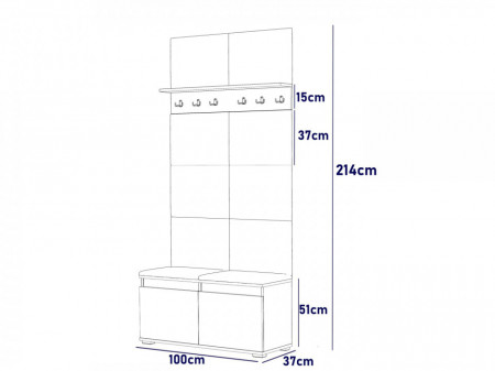MBCUIS14 - Set Cuier hol, 100x37x214 cm - 3 agatatori haine, hol, pantofar - Sonoma cu tapiterie Verde / Gri / Albastra
