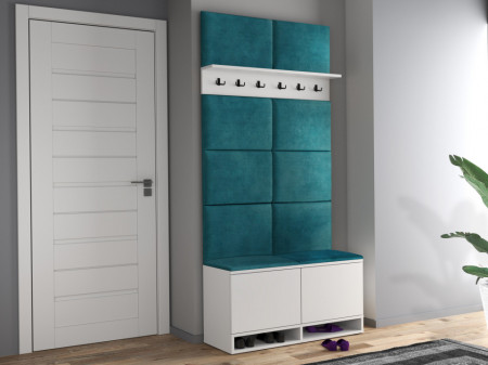 MBCUIA1 - Set Cuier hol, 100x37x213 cm - 6 agatatori haine, hol, pantofar - Alb cu tapiterie Albastra/Verde/Gri