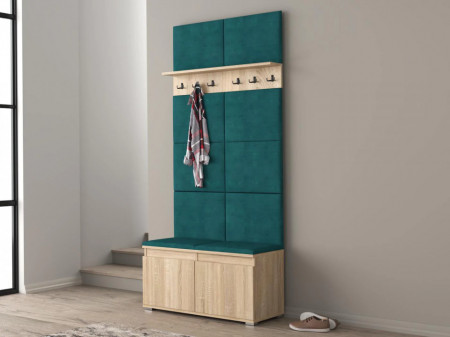MBCUIS14 - Set Cuier hol, 100x37x214 cm - 3 agatatori haine, hol, pantofar - Sonoma cu tapiterie Verde / Gri / Albastra