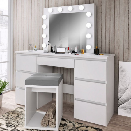 MBMT5 - Set Masa toaleta, 120 cm, cosmetica machiaj, masuta vanity, oglinda cu LED-uri - Alb