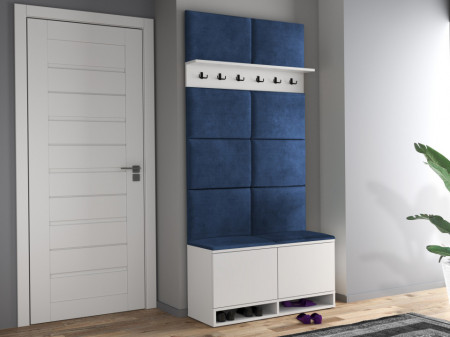 MBCUIA1 - Set Cuier hol, 100x37x213 cm - 6 agatatori haine, hol, pantofar - Alb cu tapiterie Albastra/Verde/Gri