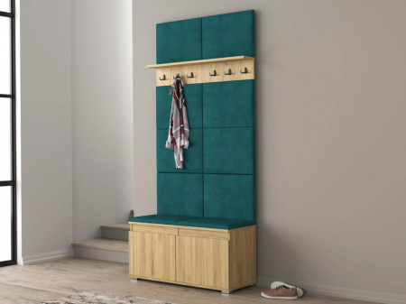 MBCUIAR14 - Set Cuier hol, 100x37x214 cm - 3 agatatori haine, hol, pantofar - culoarea Stejar cu tapiterie Gri / Verde / Albastra