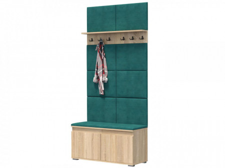 MBCUIS14 - Set Cuier hol, 100x37x214 cm - 3 agatatori haine, hol, pantofar - Sonoma cu tapiterie Verde / Gri / Albastra