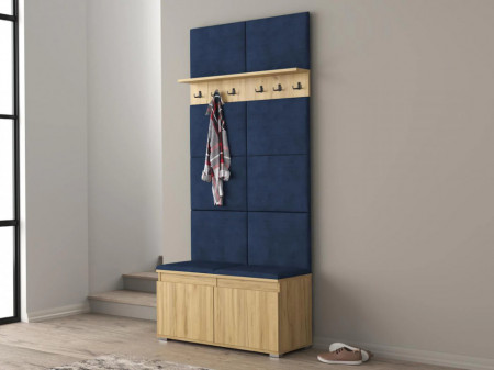 MBCUIAR14 - Set Cuier hol, 100x37x214 cm - 3 agatatori haine, hol, pantofar - culoarea Stejar cu tapiterie Gri / Verde / Albastra