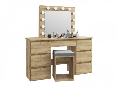 MBMTAR1 - Set Masa toaleta, 120 cm, cosmetica machiaj, masuta vanity, oglinda cu LED-uri - Culoarea Stejar