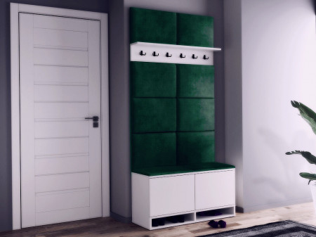 MBCUIA1 - Set Cuier hol, 100x37x213 cm - 6 agatatori haine, hol, pantofar - Alb cu tapiterie Albastra/Verde/Gri