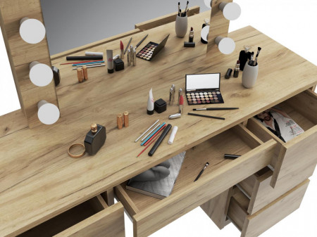 MBMTAR1 - Set Masa toaleta, 120 cm, cosmetica machiaj, masuta vanity, oglinda cu LED-uri - Culoarea Stejar