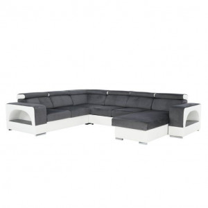 colţar în formă de U, piele ecologică albă/material textil gri, model dreapta, 330x80/100x183/264 cm - TP209590