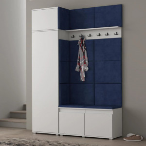 MBCUIA2 - Set Cuier hol, 154x37x214 cm - 6 agatatori haine, hol, pantofar - Alb cu tapiterie Gri / Verde / Albastra
