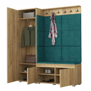 MBCUIAR2 - Set Cuier hol, 154x37x177 cm - 6 agatatori haine, hol, pantofar - culoarea Stejar cu tapiterie Albastra / Gri / Verde