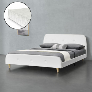 Pat dublu tapitat cu saltea si somiera 200 x 140 cm, imitatie piele, alb - P77718914