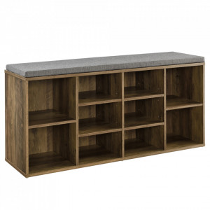 Bancuta cu perna, raft incaltaminte, culoarea lemnului/gri - P65373533
