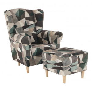 Fotoliu cu taburet, material maro-verde cu modele - TP211110