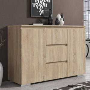 MBCO1 - Comoda 120 cm, cu 3 sertare si 2 dulapuri pentru dormitor, living, dining - Alba, Sonoma
