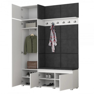 MBCUIA2 - Set Cuier hol, 154x37x214 cm - 6 agatatori haine, hol, pantofar - Alb cu tapiterie Gri / Verde / Albastra