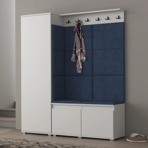 MBCUIAR2 - Set Cuier hol, 154x37x177 cm - 6 agatatori haine, hol, pantofar - culoarea Stejar cu tapiterie Albastra / Gri / Verde