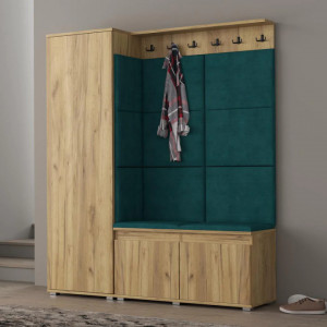 MBCUIAR2 - Set Cuier hol, 154x37x177 cm - 6 agatatori haine, hol, pantofar - culoarea Stejar cu tapiterie Albastra / Gri / Verde