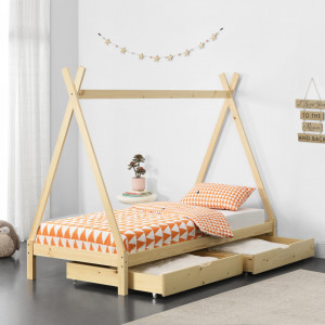 Pat copii cu 2 sertare pe roti, 206 x 96 x 162 cm, culoarea bradului - P67898294