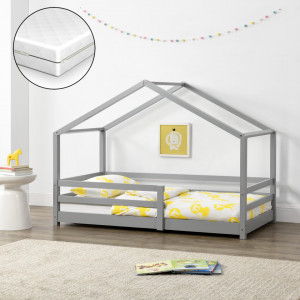 Pat copii cu saltea si grilaj protectie 80x160 cm, gri deschis - P69871673