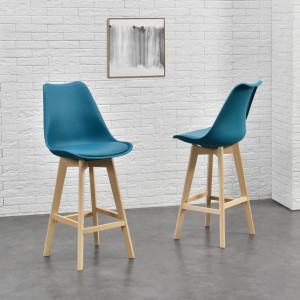 Scaune bar, set 4 buc, plastic/imitatie piele/lemn, turcoaz - P74694643