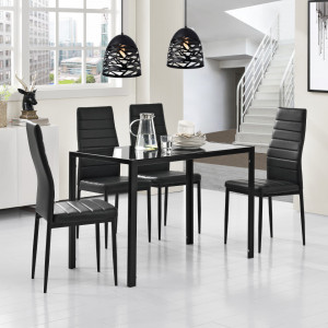 Set masa cu 4 scaune, otel, sticla, imitatie piele, negru - P54457285