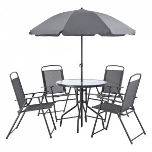 Set mobilier gradina, masa 4 x scaune pliabile 1 x umbrela, negru/gri inchis - P75702656