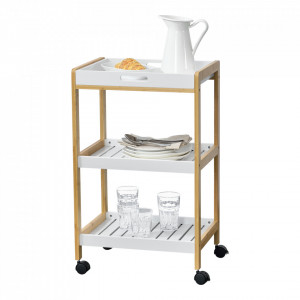 Carucior servire la masa Lugano, 75 x 46 x 35 cm, MDF, alb/culoarea lemnului/negru, cu blat superior detasabil si 2 roti blocabile - P72127663
