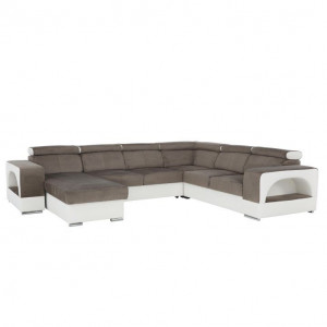 colţar în formă de U, piele ecologică albă/material textil maro, model stânga, 330x80/100x183/264 cm - TP209591