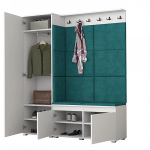 MBCUIA22 - Set Cuier hol, 154x37x177 cm - 6 agatatori haine, hol, pantofar - Alb cu tapiterie Verde / Gri / Albastra
