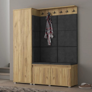 MBCUIAR2 - Set Cuier hol, 154x37x177 cm - 6 agatatori haine, hol, pantofar - culoarea Stejar cu tapiterie Albastra / Gri / Verde