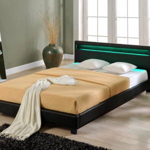 Pat dormitor tapitat, cu LED, 140x200 cm, negru - P46193577