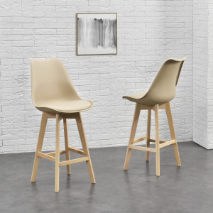 Scaune bar, set 4 buc, plastic/imitatie piele/lemn, bej - P74694638