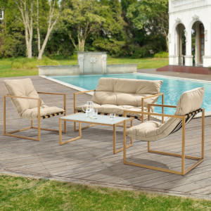 Set mobilier gradina, masa, banca, fotoliu, otel/textil, bej - P68753078