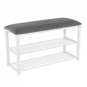 Bancă, băncuţă cu rafturi pantofi, alb si gri, 81 cm - TP309164