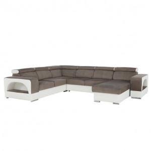 colţar în formă de U, piele ecologică albă/material textil maro, model dreapta, 330x80/100x183/264 cm - TP209592